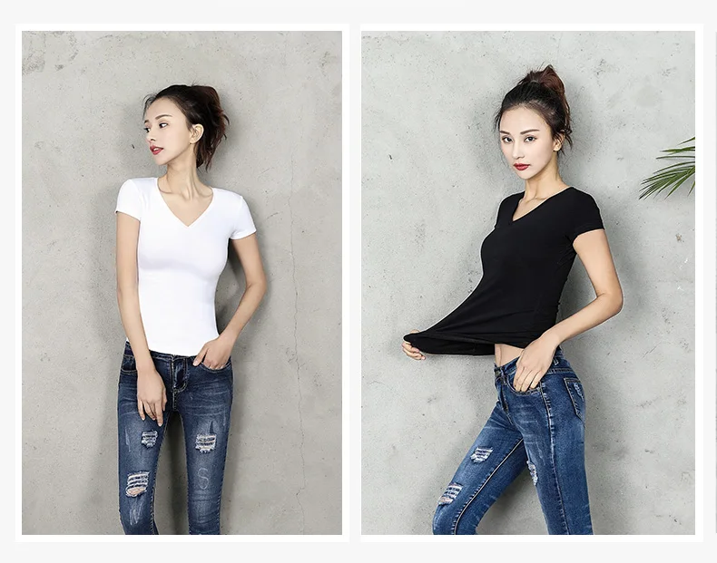 

Women's soft cotton T-shirt with solid v-color cleavage lady t-short sleeve will see women's clothes all the women's T-shirts