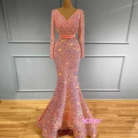 sparkly pink sequined long sleeves evening dresses mermaid v neck formal women gown zipper back