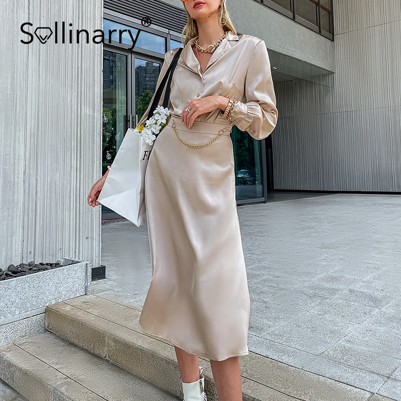 

Sollinary Satin blouse and skirt two piece set Female chain dress sets Long sleeves lapel shirt and A-line skirt casual sets