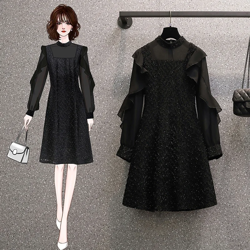 Женское винтажное твидовое платье черное Сетчатое лоскутное с оборками и