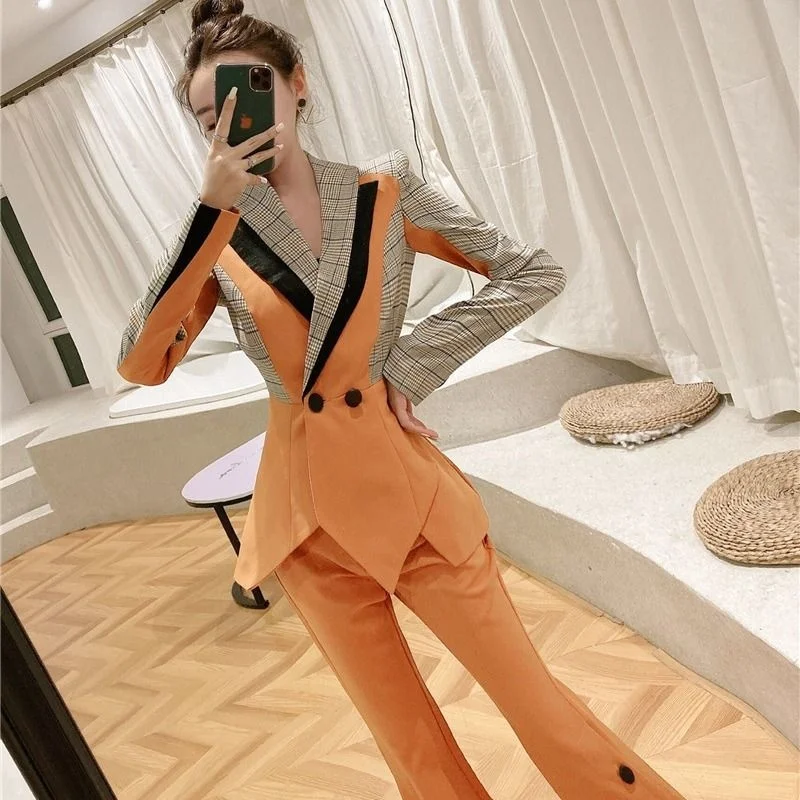 

Autumn Two Piece Set 2021 New Female Temperament Royal Sister Foreign Style Professional Dress Fashion Lattice Suit Womens Pants