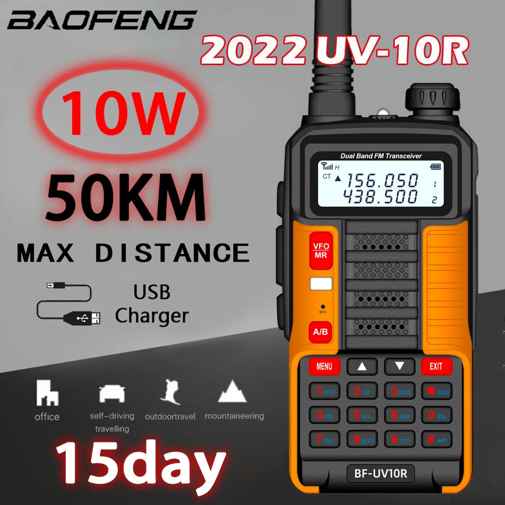 

2022 BAOFENG 10W Professional Portable Walkie Talkie UV-10R 50km 128 Channels VHF UHF Dual Band Two Way CB Ham Radio Transceiver