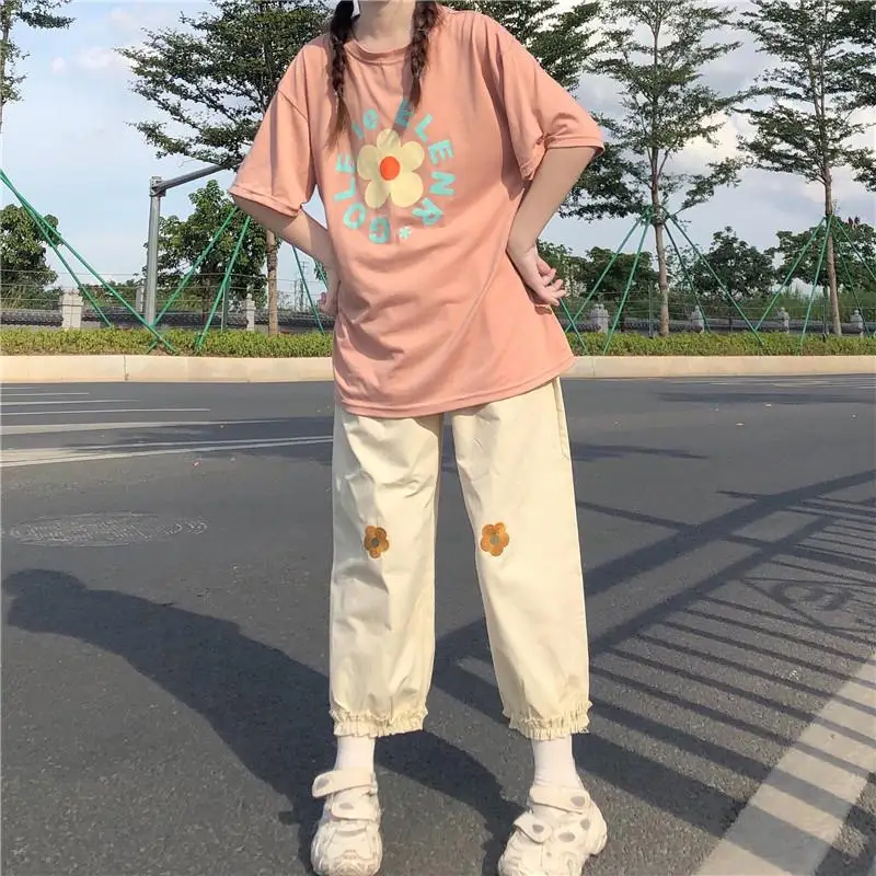 

Japanese Kawaii Women Soft Girl Pants Loose Thin Cartoon Floral Embroidery Pants Elastic Waist Casual Ruffles Cute Straight Pant