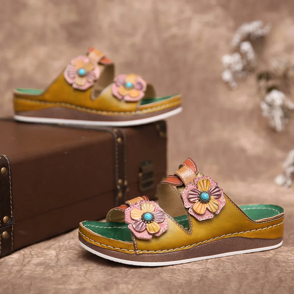 woman slippers Retro Dimensional Flower Material Stitching Sandals Vintage Wedge Shoes женские шлепанцы sandals | Обувь