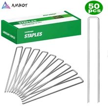 AMKOY 50 pcs U Shape Gauge Galvanized Steel Garden Stakes Staple Securing Pegs For Securing Weed Fabric Landscape Fabric Netting