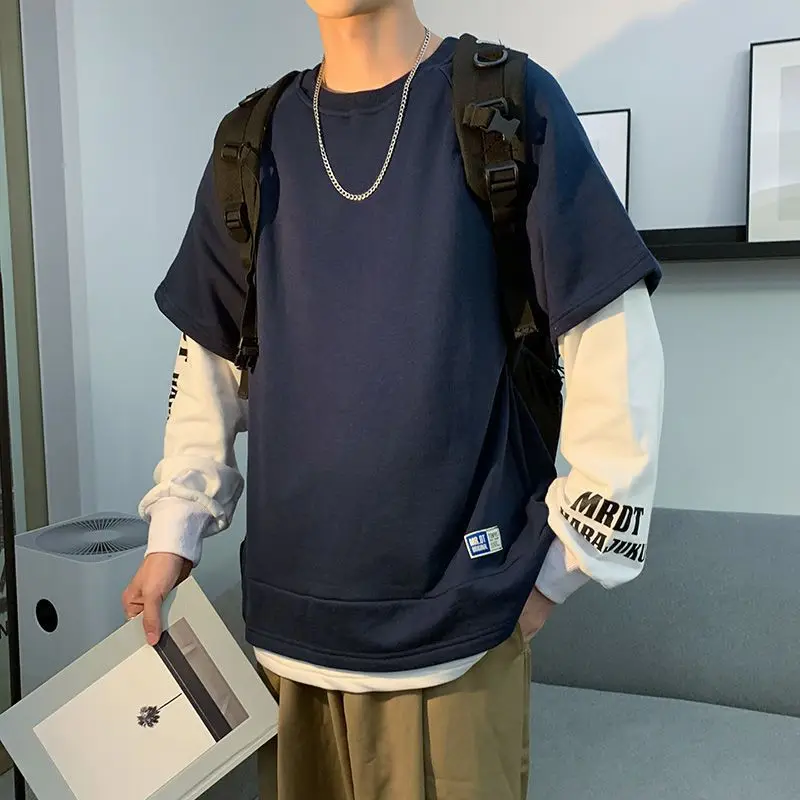 

Harajuku patchwork sweatshirt men fake two-piece sweatshirts 2021 autumn new Korean personality hip-hop style o-neck tops trend