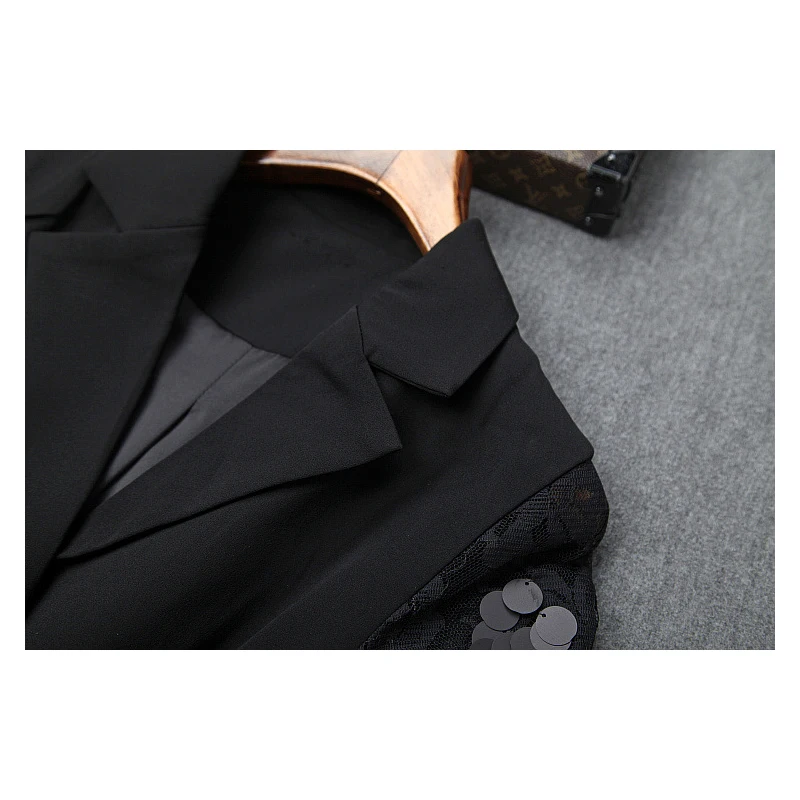 Весеннее Новое однобортное черное платье с зубчатым воротником, расшитое блестками, с рукавами-фонариками, в стиле пэчворк, необычное короткое платье-блейзер