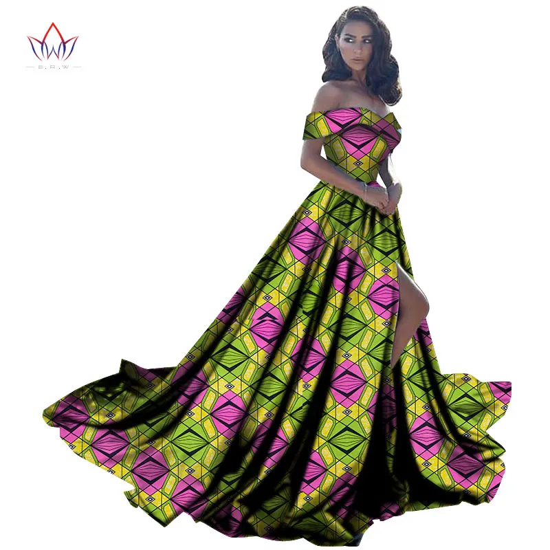 Bintarealwax Summer African Dresses for Women Bazin Off shoulder Party Dress Dashiki  Elegant Long Dress for Female WY2734