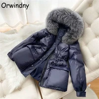 orwindny drawstring slim fashion parkas winter women office lady warm jackets snow wear large fur collar waterproof coats female