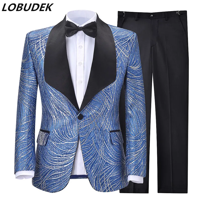 

Мужской Жаккардовый костюм, синий облегающий пиджак в полоску с воротником-шалью, для свадьбы, банкета, для ведущего