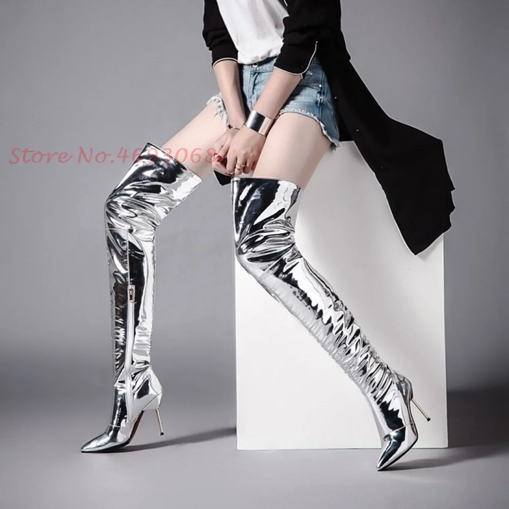 

Pointed Toe Silver Above Knee Boots Women Stretch Slip On High Quality High Thin Heels Pleated Sewing Patchwork Women's Shoes