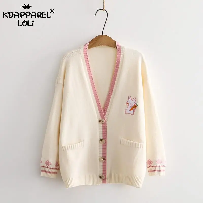 Милый кардиган для девочек с вышивкой кролика Свободный вязаный свитер