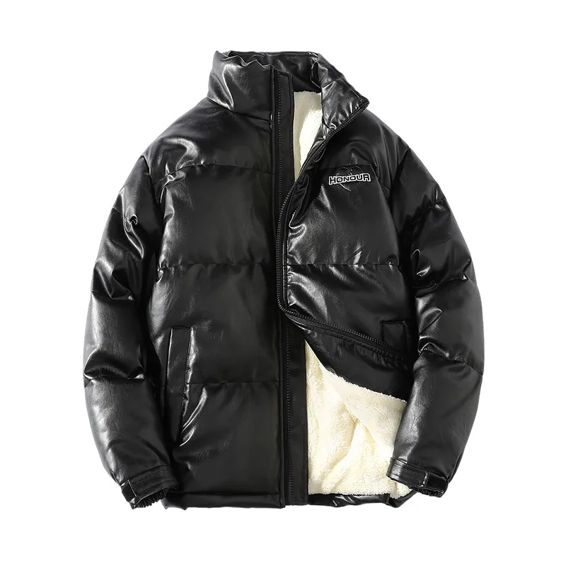 2023 PU Leather Thicken Warm Fleece Men Parkas Winter Stand Collar Letter Printed Casual Jackets Coats Outwear