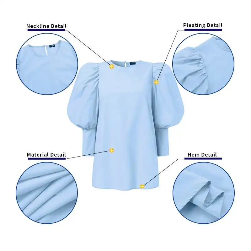 

Women Blouse Tops 2021 VONDA Female Shirts Casual Half Sleeve Crew Neck Puff Sleeves Pleated Shirts Blusas Femininas Oversized