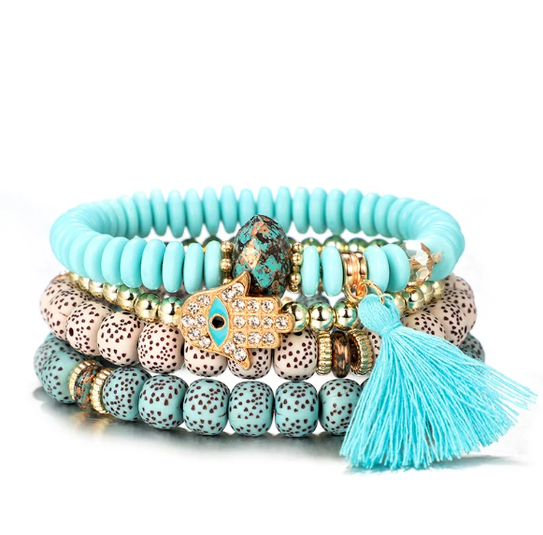 

Fashion 4 Pcs/Set Color Beaded Metal Ball Eyes Palm Tassel Geometry Multilayer Bracelet Set for Women Jewelry Gift