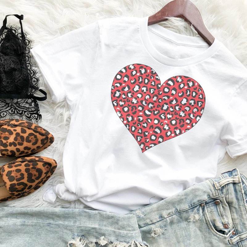 

Valentines Leopard Heart 100% Cotton T-shirt Cute Valentine's Day Gift Tshirt For Girlfriend Fashion Women Graphic Holiday Tops