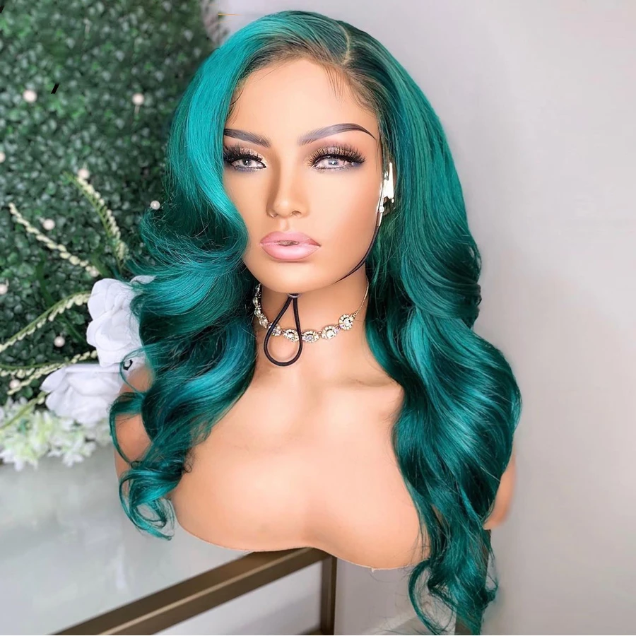 

Remy Preplucked Body Wave Green Color HD Transparent 13x4 Lace Front Human Hair Wig With Babyhair For Fashion Women 180%Density