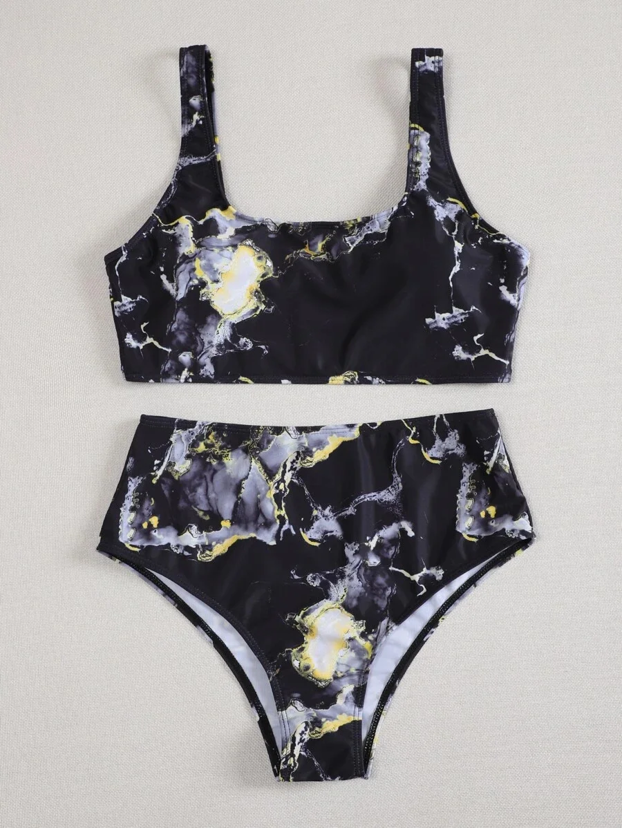 

2021 New High Waist Bikini set Yellow Bandeau Swimsuit Sexy Print Thong Bikini Women Swimwear Two-pieces Bather Bathing Suit