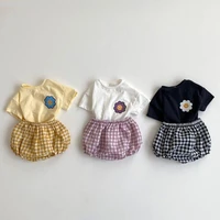 baby girl boys outfits for children clothes sets kids summer white t shirtsplaid shorts bloomers 2pcs suit child muslin clothes