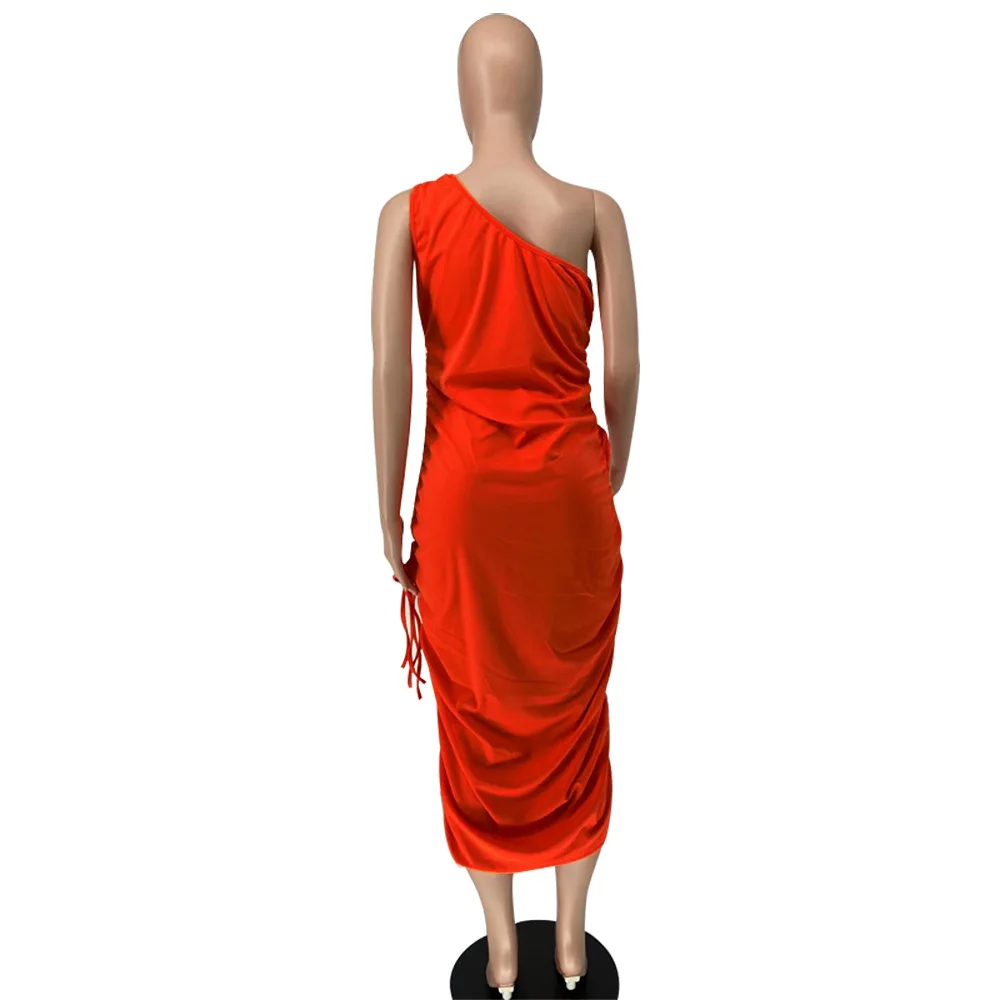 

3 colors One shoulder HAOOHU Summer Sexy Dress Elegant Fashion Drawstring Adjustable Midi Dress for Women's Suspender Dress