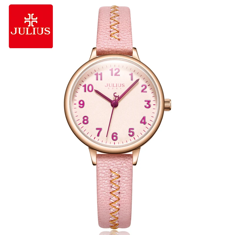 

2018 New Watch Julius Young Girls Pink Leather Strap Clock Ladies Arabic Index Top Casual Women's Simple Designer Montre JA-1073