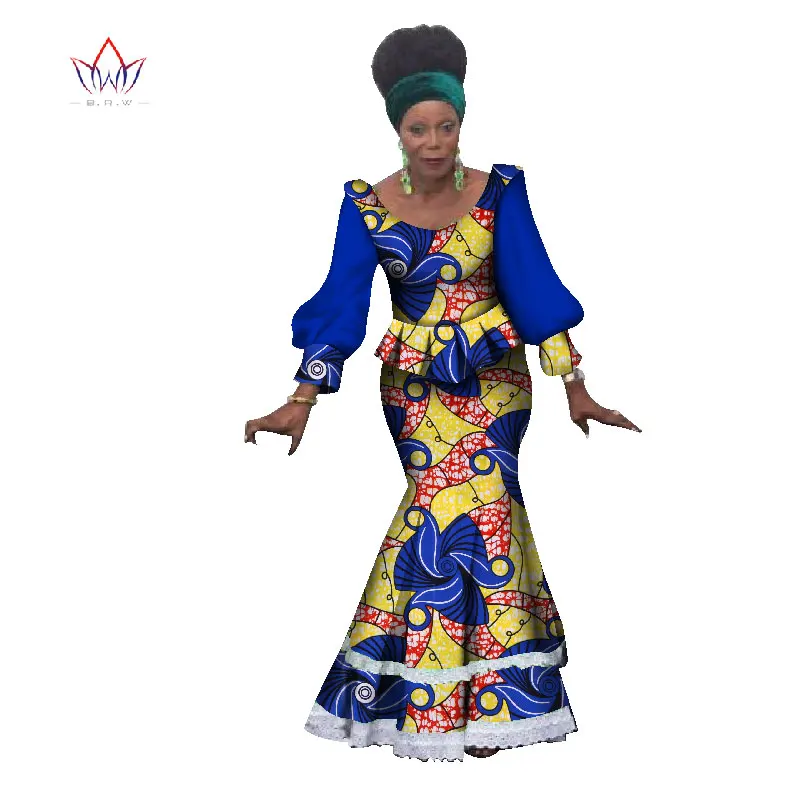 2020 Summer African Dashiki For Woman Top And Skirt Set O-neck Bazin Riche Full Sleeve Plus Size Evening Dress Naturl WY1153