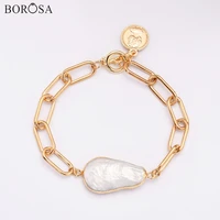 borosa newest irregular white pearl gold link bracelets for women fashion coin ot metal chain bracelets wedding jewelry hd0356