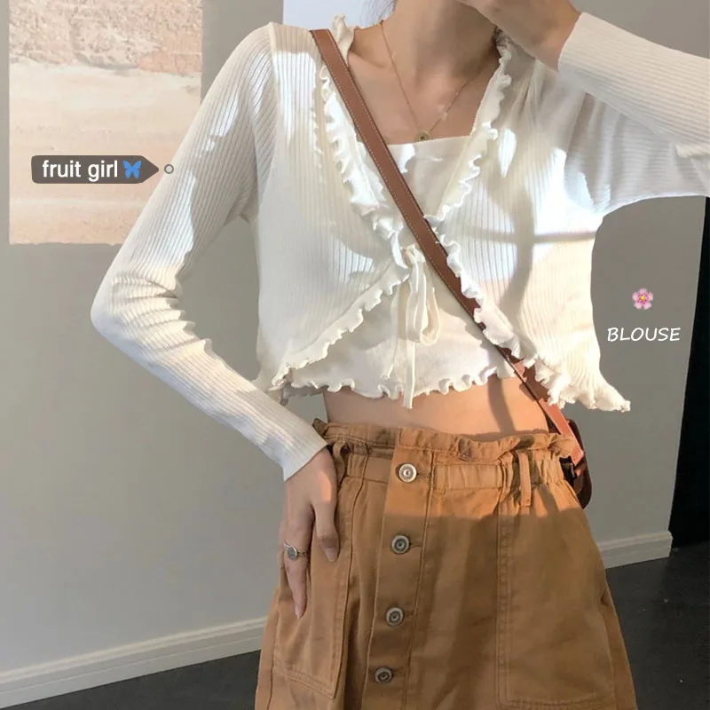 Элегантный вязаный Топ с длинным рукавом и деревянными ушками в Корейском стиле