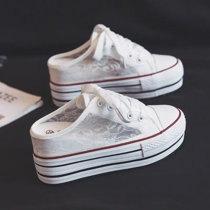

Summer 2021 New Breathable Thick Soled Lace Mesh Lazy Shoes Half Back Inside High Canvas Shoes For Women 8.0cm Internal Heel