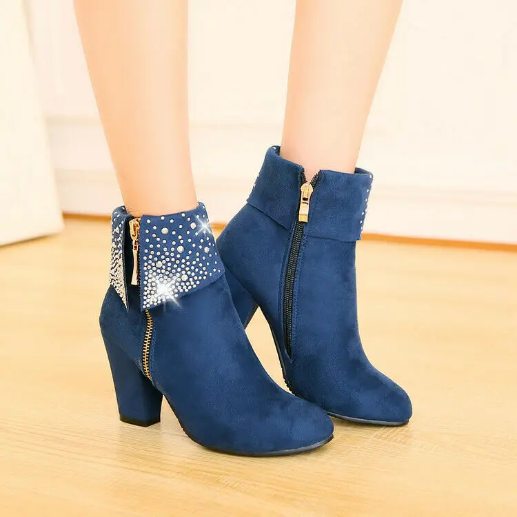 

Women Boots Block High Heels Rhinestone Ankle Boots Fashion Zip Winter Shoe Size