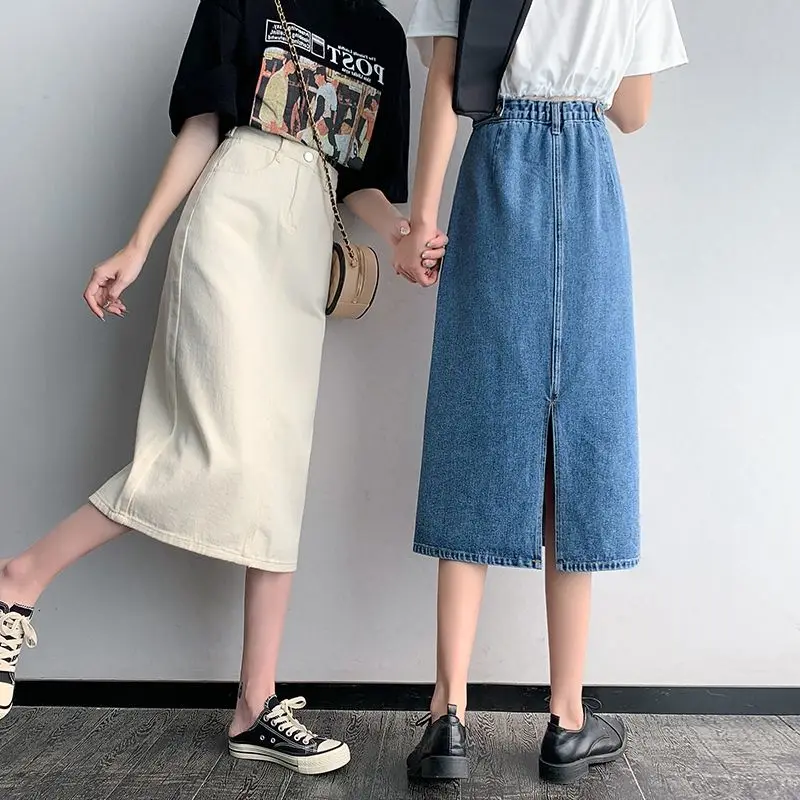 

Denim skirt 2021 new summer high waist retro A-line medium length small bag hip split