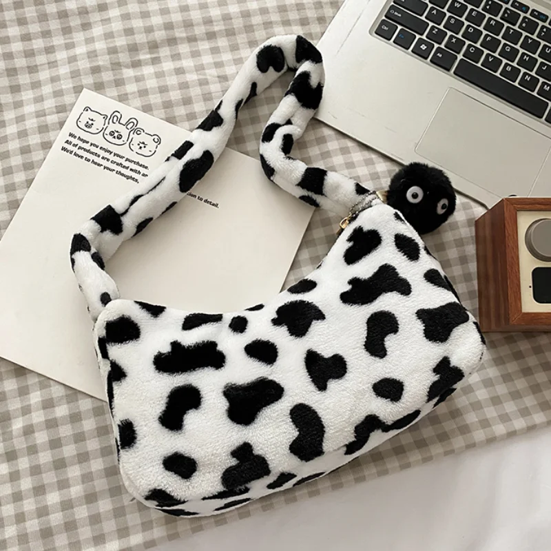

Cute Winter Women Plush Purse Handbags Soft Faux Fur Ladies Small Shoulder Bag Fashion Cow Pattern Female Underarm Bags Pouch