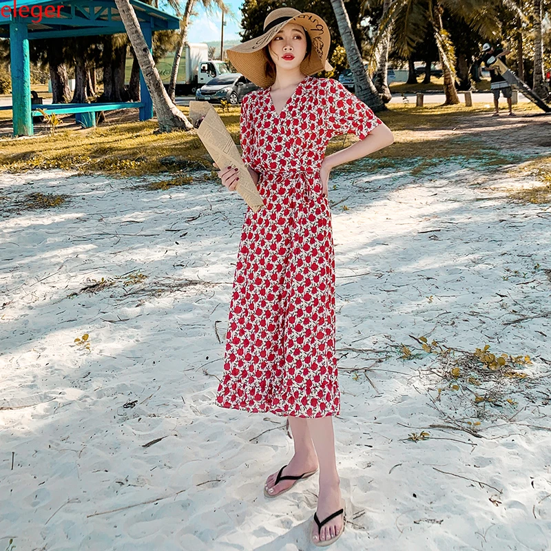 

Floral Print Women Summer Dress Elegant Long Casual Party Tea Dress Vintage Bohemian Tropical Vacation Beach Dress Runway 2022