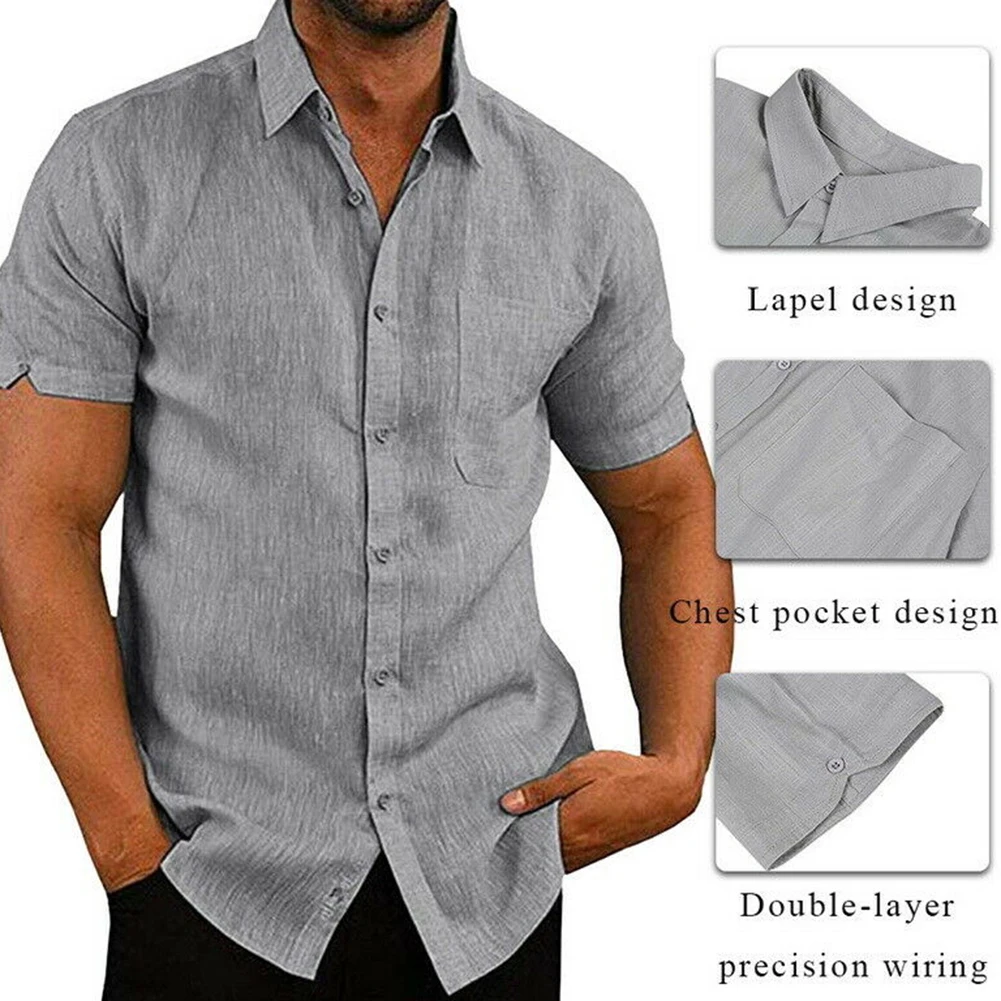 Casual Men Solid Color Turn Down Collar Short Sleeve Pocket Buttons Slim Shirt skin-friendly and soft perfect gift for Christmas | Мужская