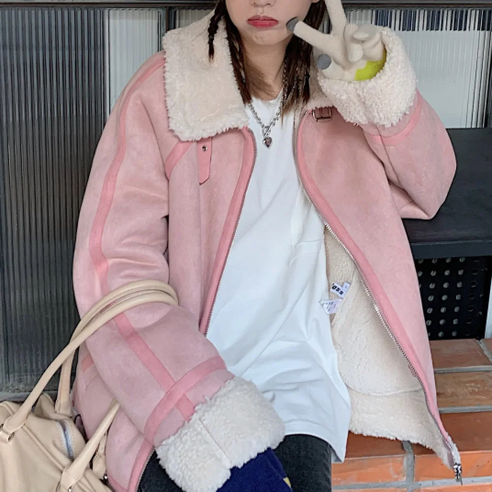 

Korean Version Japanese Cotton Padded Jacket Autumn Winter Thicken Keep Warm Lambswool Loose Lapel Long Sleeve Locomotive Coat