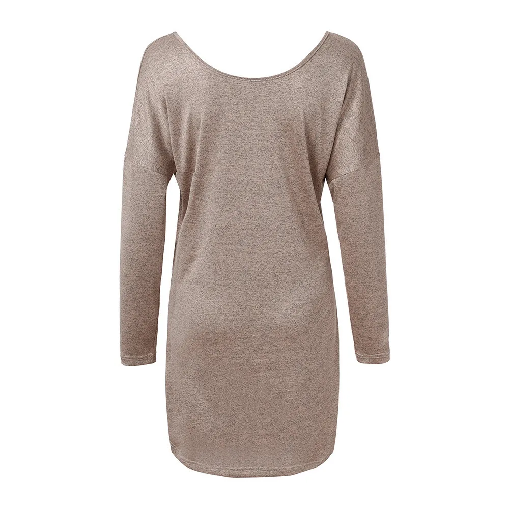 Осенне зимнее платье с круглым вырезом однотонное свободное длинным рукавом