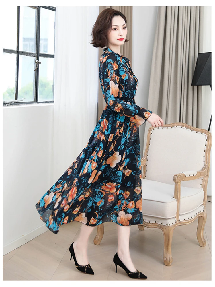 Летнее дамское шифоновое платье Осеннее модное элегантное с длинным рукавом и