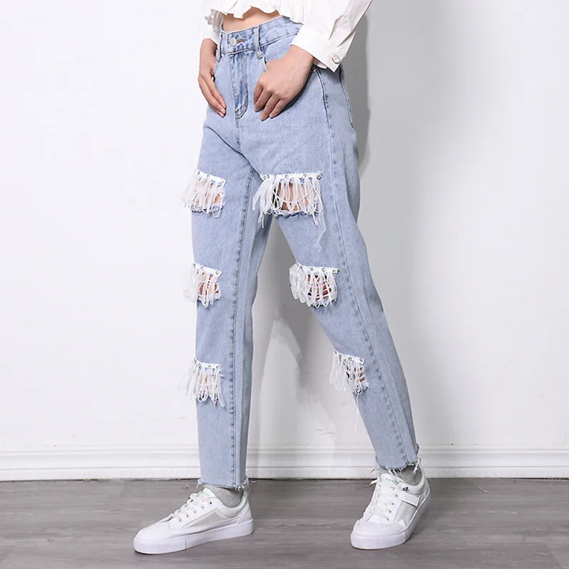 Summer street straight pants 2021 summer new light color cotton blue mid waist jeans