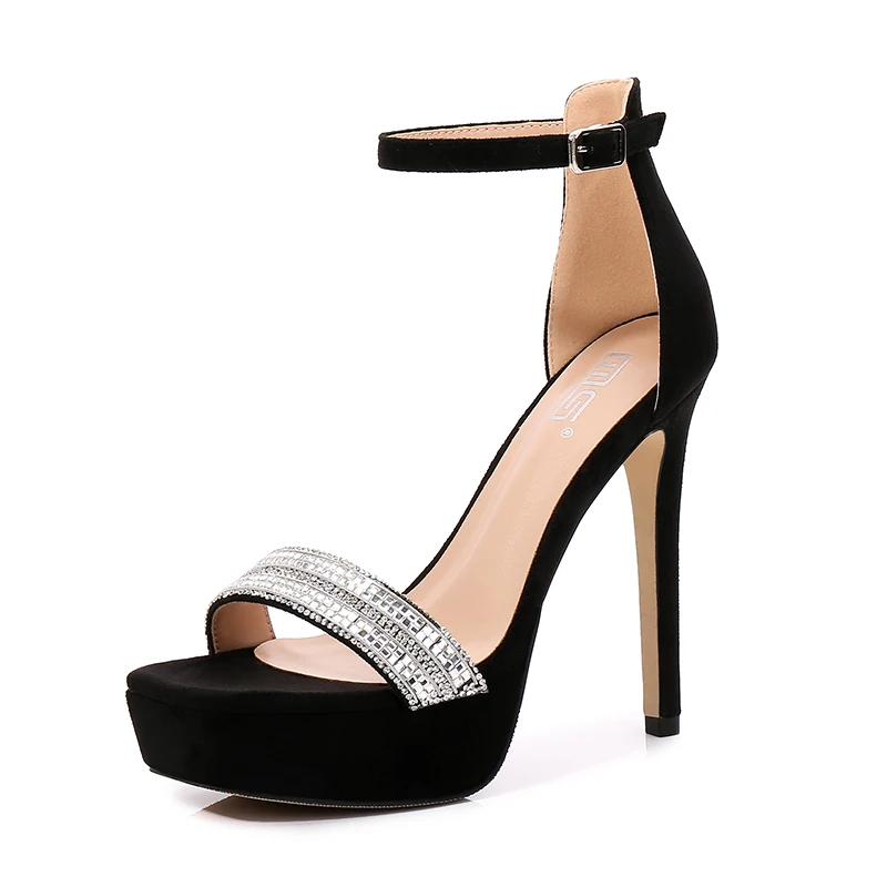 

2021 new one-word high-heeled Sandals Black Women's open-toed rhinestone hollow Korean super-high-heeled shoes
