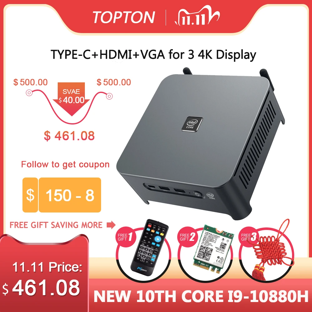 Самые новые Intel мини ПК Core i9 10980HK 9980HK 2 Lans NUC Windows10 * DDR4 NVMe игровой Настольный DP HDMI Type C