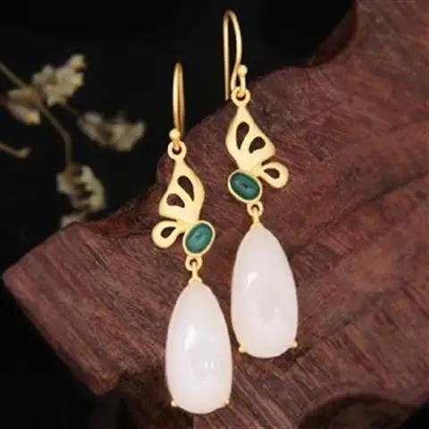 

Gilding Hetian Jade Butterfly Earrings Female S925 Ancient Style Craft Sterling Silver Earrings Vintage Water Drop Jasper Eardro