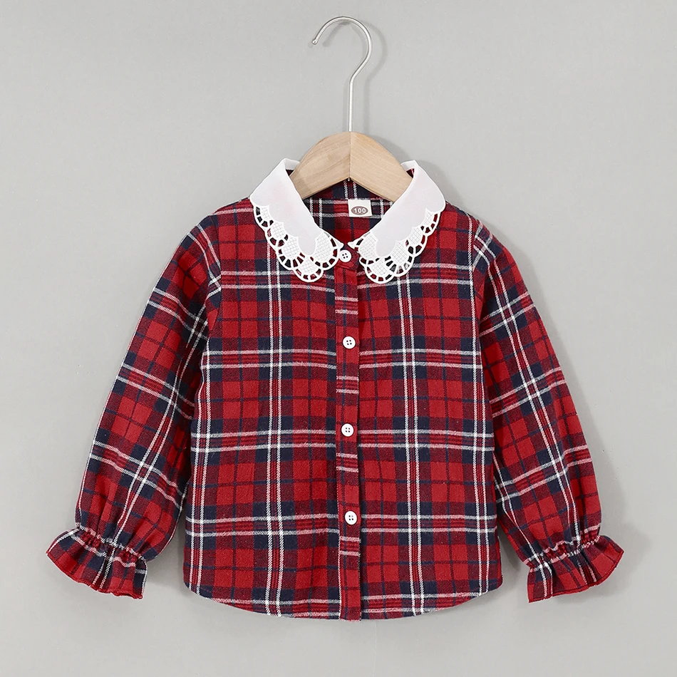 

Summer Spring Baby Girls Blouse Cotton Top Lace Collar Plaid Toddler Girl Shirt Clothes Clothing Girl Infant 18M-6T