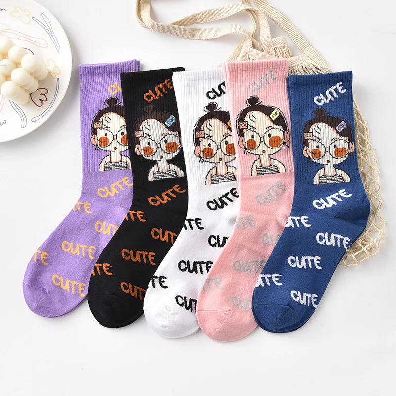 

Носки женские хлопковые в стиле Харадзюку, Мультяшные дизайнерские с надписью, высокие фиолетовые розовые спортивные для скейтборда, в стиле хип-хоп, 5 пар