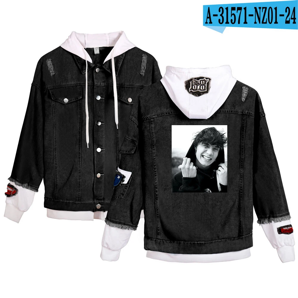 

Hooded jeans Tops Jaden Hossler Clothes Jaden Hossler fashion Hoody denim jacket Women/men Stitching Kpop blue Jacket outwear