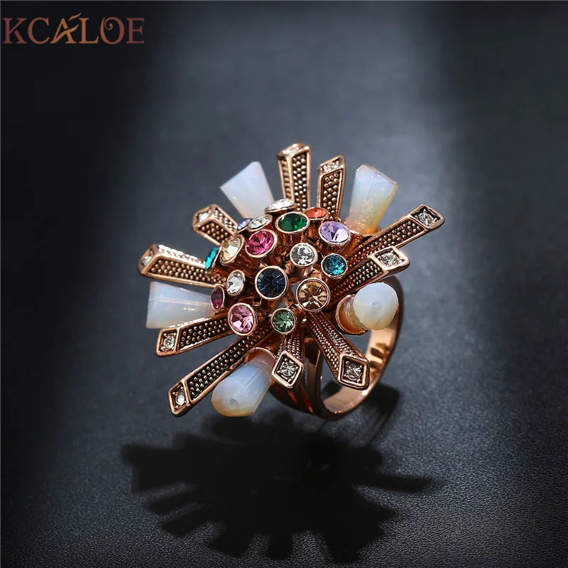 KCALOE Colorful Rhinestone Cubic Zirconia Ring Antique Rose Gold Color Crystal Column Big Flowers Wedding Women Rings Jewellery | Украшения