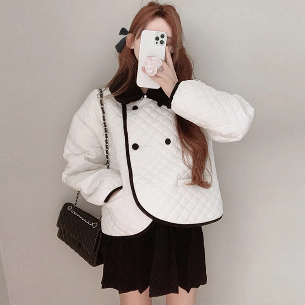 

2021 осенне-зимняя Новинка Модная хлопковая одежда белая двубортная однотонная теплая плотная куртка с отложным воротником и длинным рукаво...