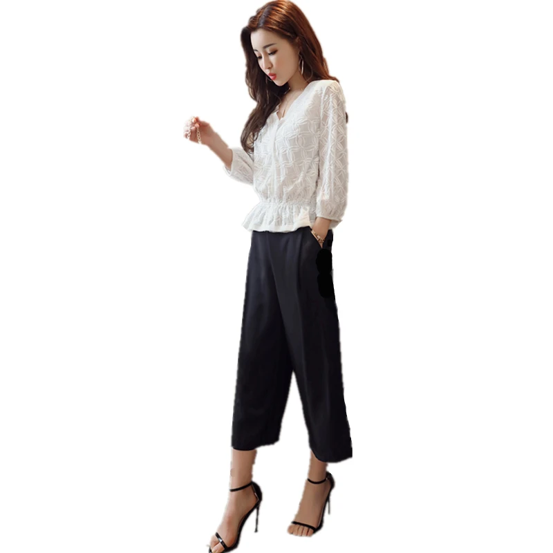 Fashion Summer 2020 Casual Lady Elegant Slim V-Neck Chiffon Wide Leg Pants Women Lace Two Piece Suit Female (Tops+Pants) YXR285 |