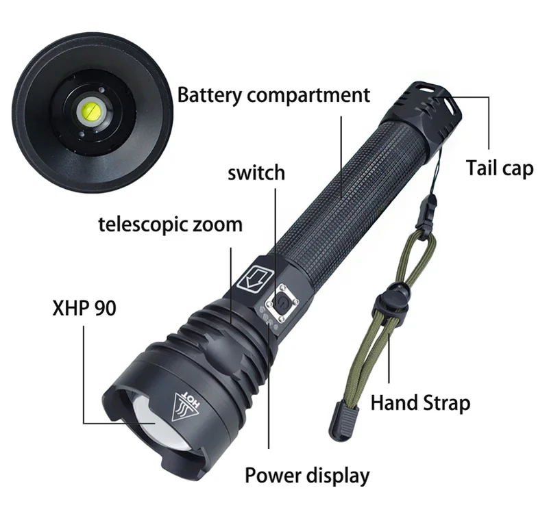 구매 슈퍼 강력한 LED 손전등 USB 충전식 토치 XHP90 Led 플래시 라이트 18650 또는 26650 핸드 램프 XHP90.2 캠핑 랜턴, 조명, 라이트닝, 밝은, 잘 보이는, 식별