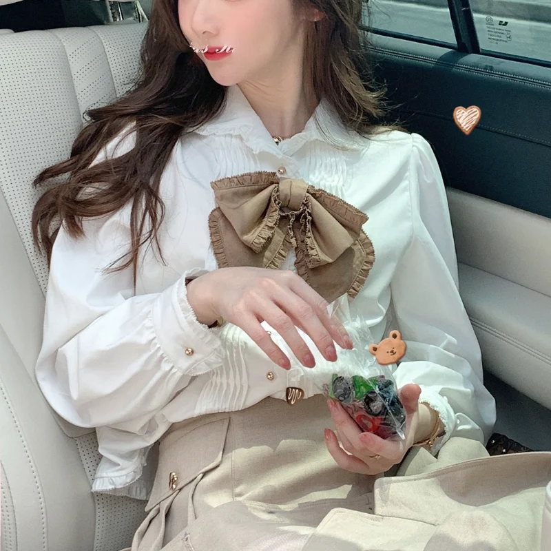 

Женская винтажная блузка с длинным рукавом, элегантная Милая Белая французская блузка в Корейском стиле, Новинка осени 2021