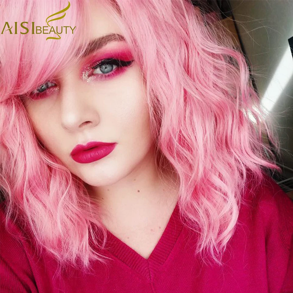 AISI BEAUTY, короткий парик с челкой, волна воды, синтетические парики для женщин, розовый, милый, Лолита, косплей, женский, на каждый день, накладные волосы